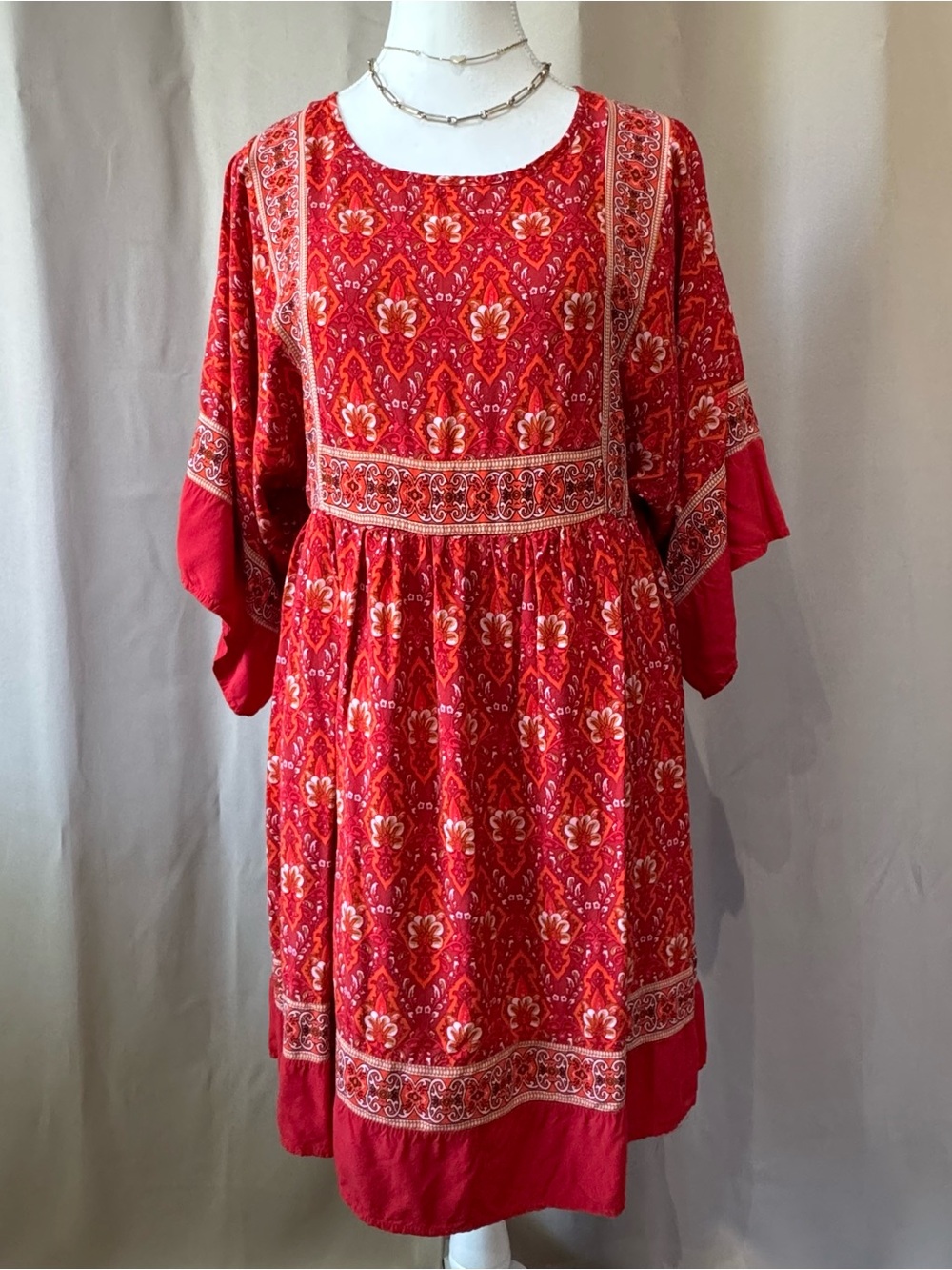 Boho Moroccan Print Dress in Red, Orange and Gold by R. Vivimos